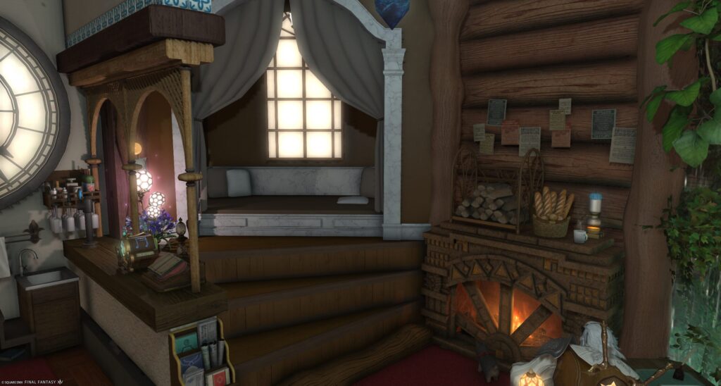FF14ハウジング　暖炉から見たベッドキッチンのレイアウト例