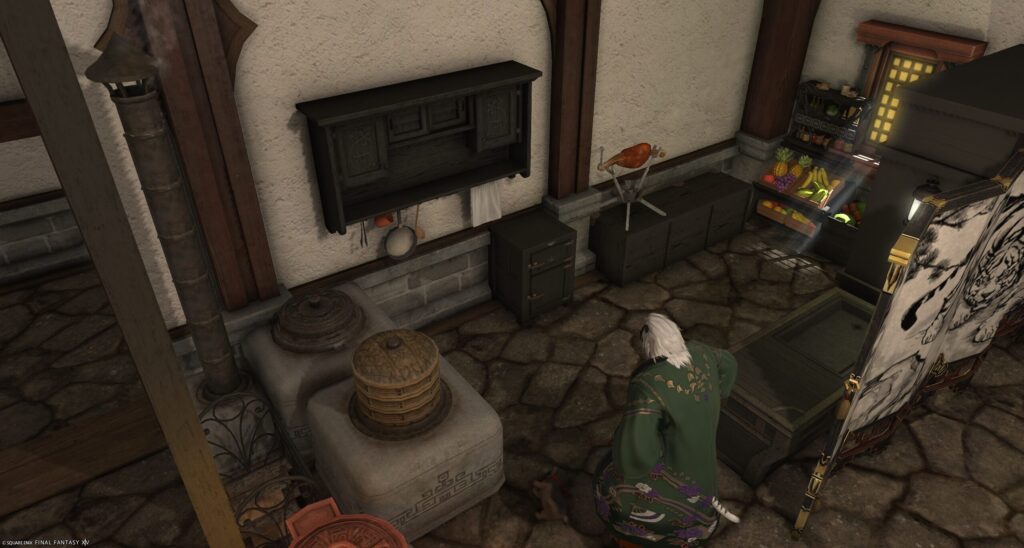 "FF14ハウジング 和モダンな土間キッチンのレイアウト。かまどと調理台の配置例"