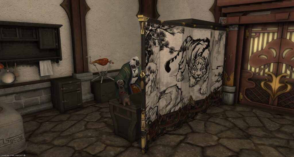 "FF14ハウジング 和モダンな土間キッチンのレイアウト。東方白虎図屏風の配置例"