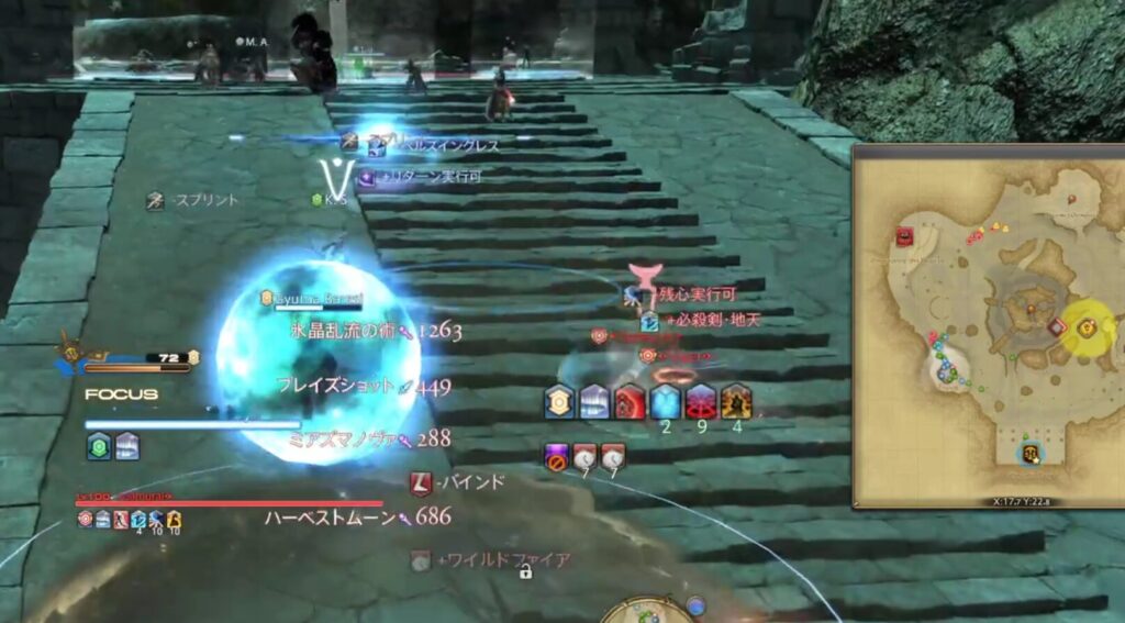 FF14フロントライン 孤立して敵に囲まれた危険な状況からの生存例 防御で味方を待つ