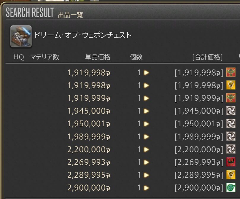 FF14 ミニオン　ドリームオブウエポンチェスト　出品価格相場
