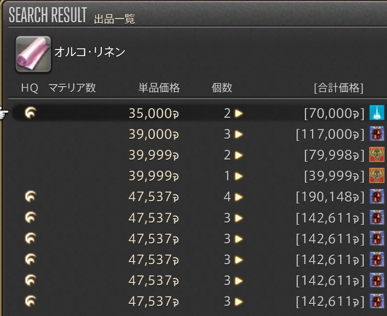 FF14 ミニオン　オルコリネン　出品価格相場